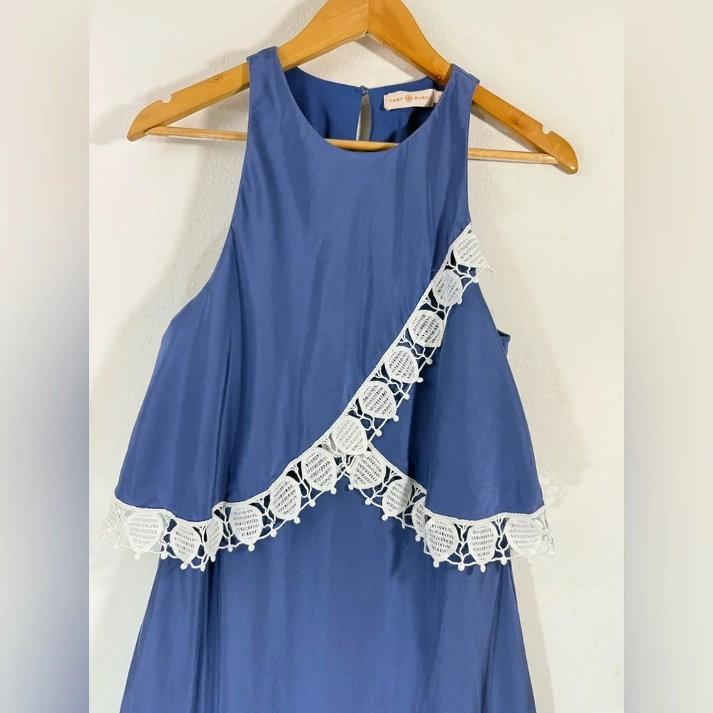 Tory Burch Amanda Lace Trim Silk A-Line Dress Hudson Blue Size 6 Sleeveless